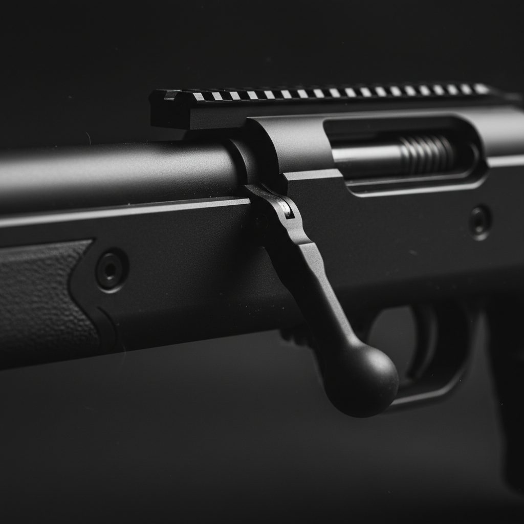 A premium black PCP air rifle on a dark slate surface under dramatic light.