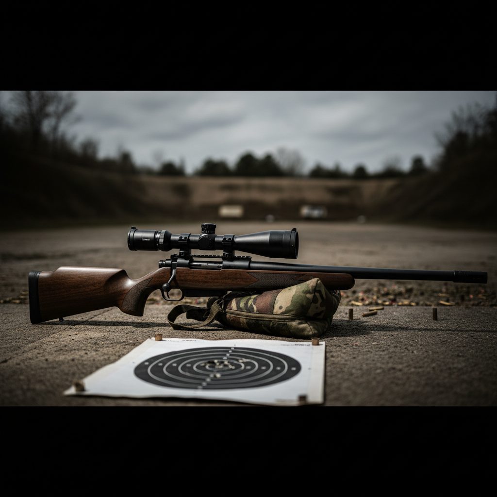 A scoped PCP air rifle resting on a shooting bag at a range with a tight group on a paper target.