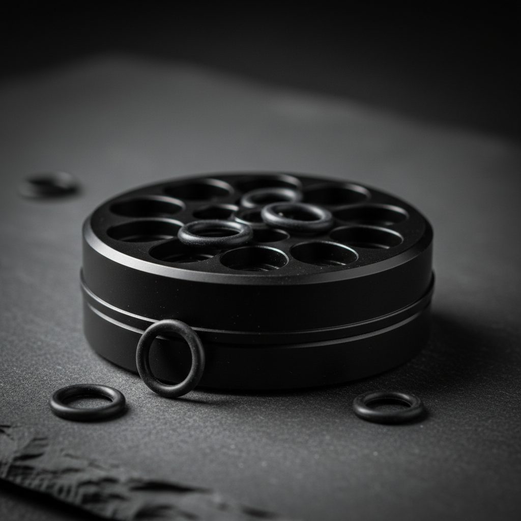 A rotary air rifle magazine and small o-rings laid out on a dark surface with simple tools.