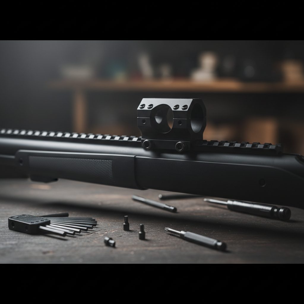 A rifle scope and a set of mounting rings with a torque wrench on a dark workbench.